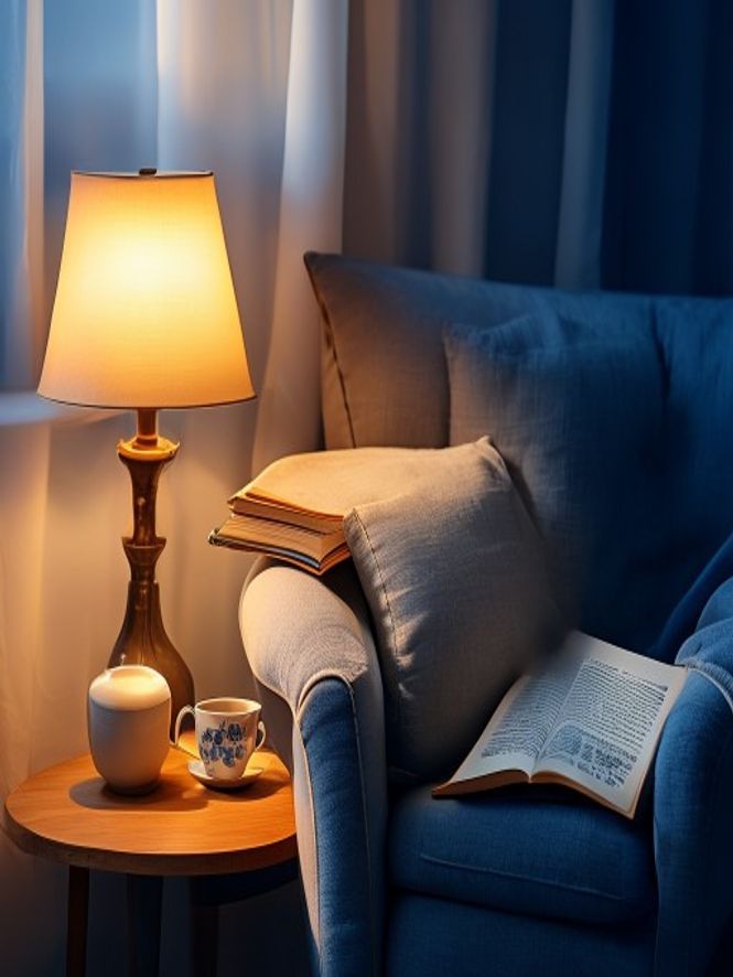 Calming evening environment with soft lighting and relaxation materials